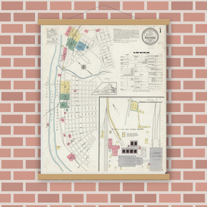 Old map wall art mockup — magnetic wood frame on brick wall — Sanborn Fire Insurance Map from Radford, Independent Cities, Virginia (1913) - Complete Map Set