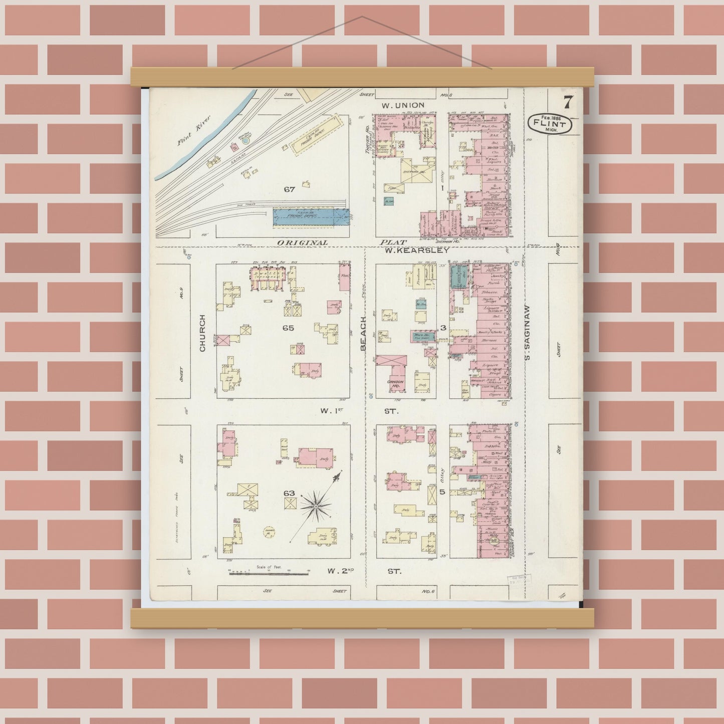 Old map wall art mockup — magnetic wood frame on brick wall — Sanborn Fire Insurance Map from Flint, Genesee County, Michigan (1886), Sheet #0007