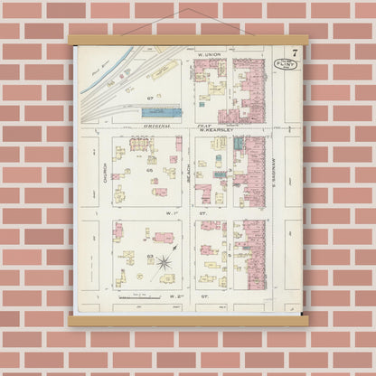 Old map wall art mockup — magnetic wood frame on brick wall — Sanborn Fire Insurance Map from Flint, Genesee County, Michigan (1886), Sheet #0007