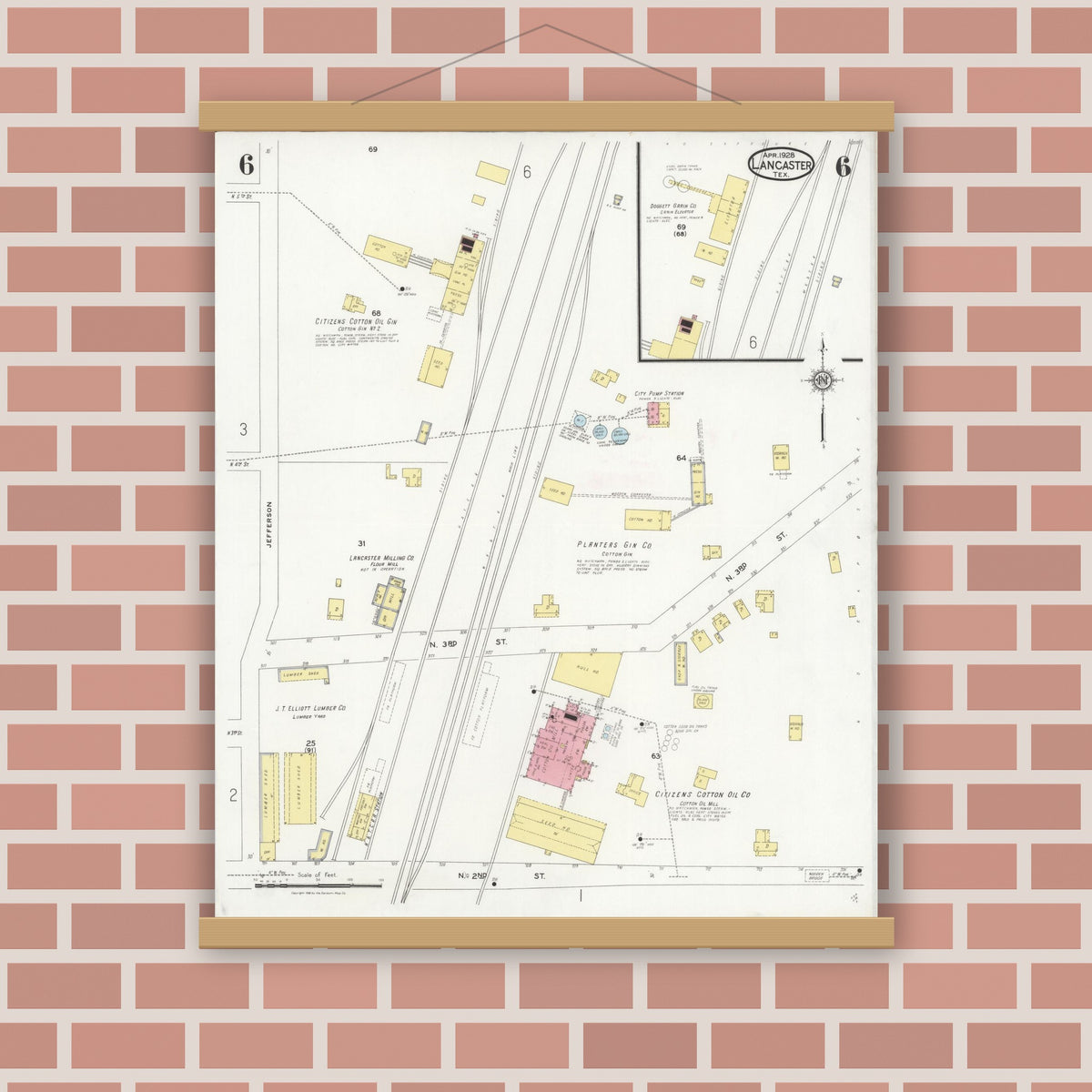 Old map wall art mockup — magnetic wood frame on brick wall — Sanborn Fire Insurance Map from Lancaster, Dallas County, Texas (1928), Sheet #0006