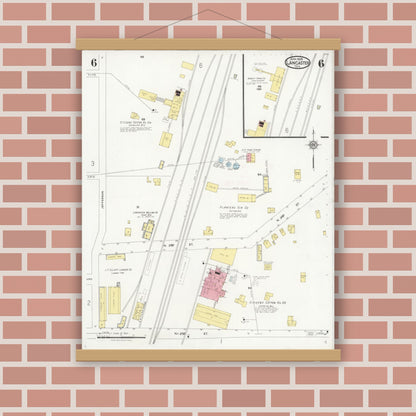 Old map wall art mockup — magnetic wood frame on brick wall — Sanborn Fire Insurance Map from Lancaster, Dallas County, Texas (1928), Sheet #0006