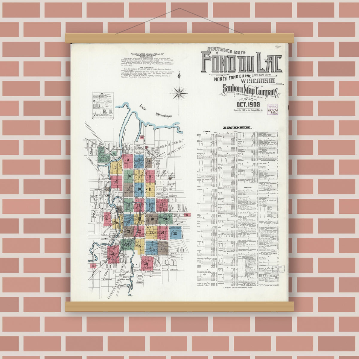 Old map wall art mockup — magnetic wood frame on brick wall — Sanborn Fire Insurance Map from Fond du Lac, Fond du Lac County, Wisconsin (1908), Sheet #0001