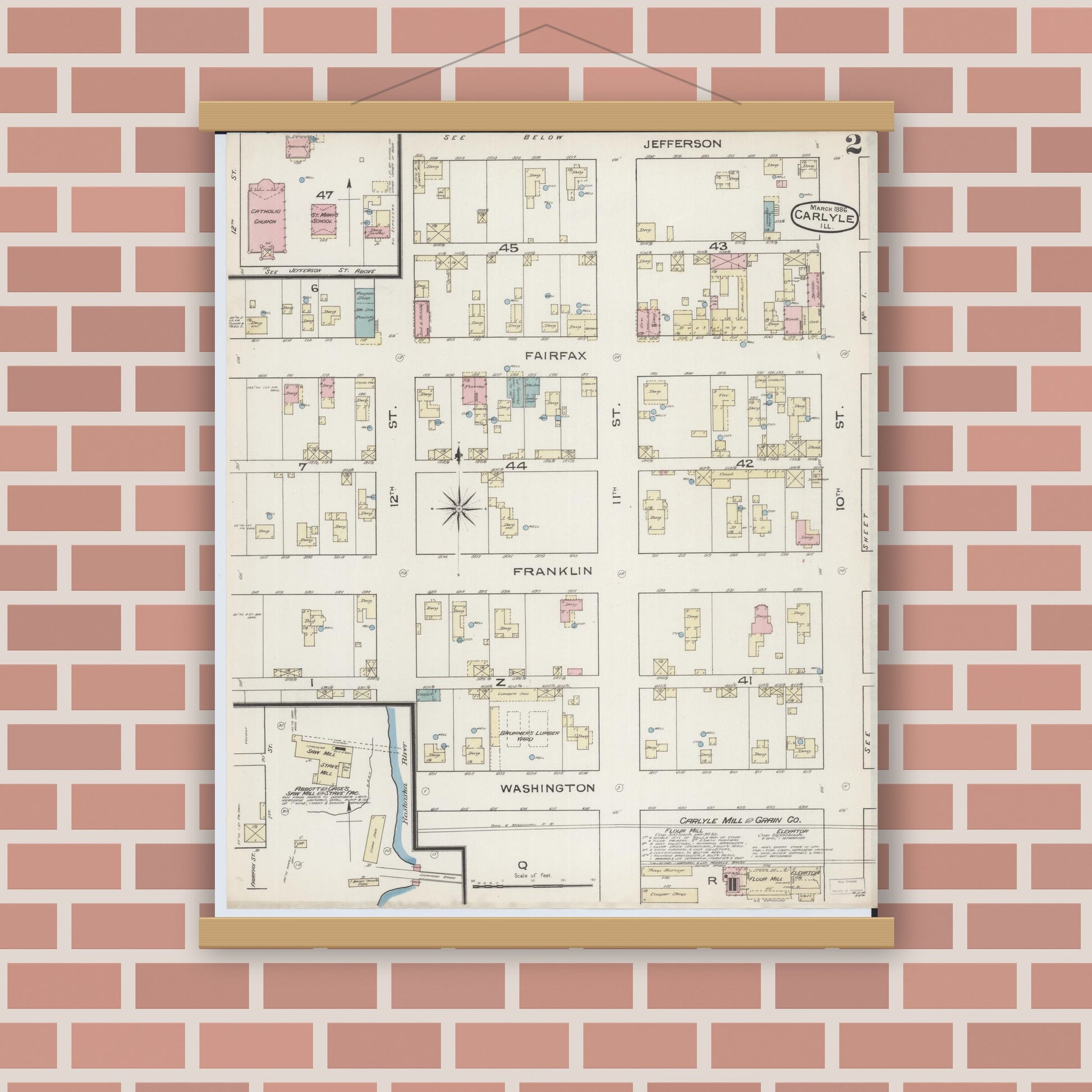 Old map wall art mockup — magnetic wood frame on brick wall — Sanborn Fire Insurance Map from Carlyle, Clinton County, Illinois (1886), Sheet #0002