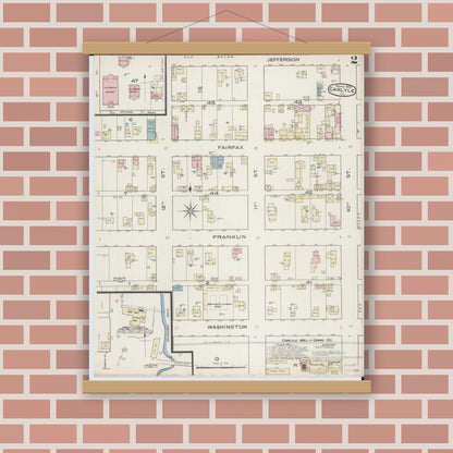 Old map wall art mockup — magnetic wood frame on brick wall — Sanborn Fire Insurance Map from Carlyle, Clinton County, Illinois (1886), Sheet #0002