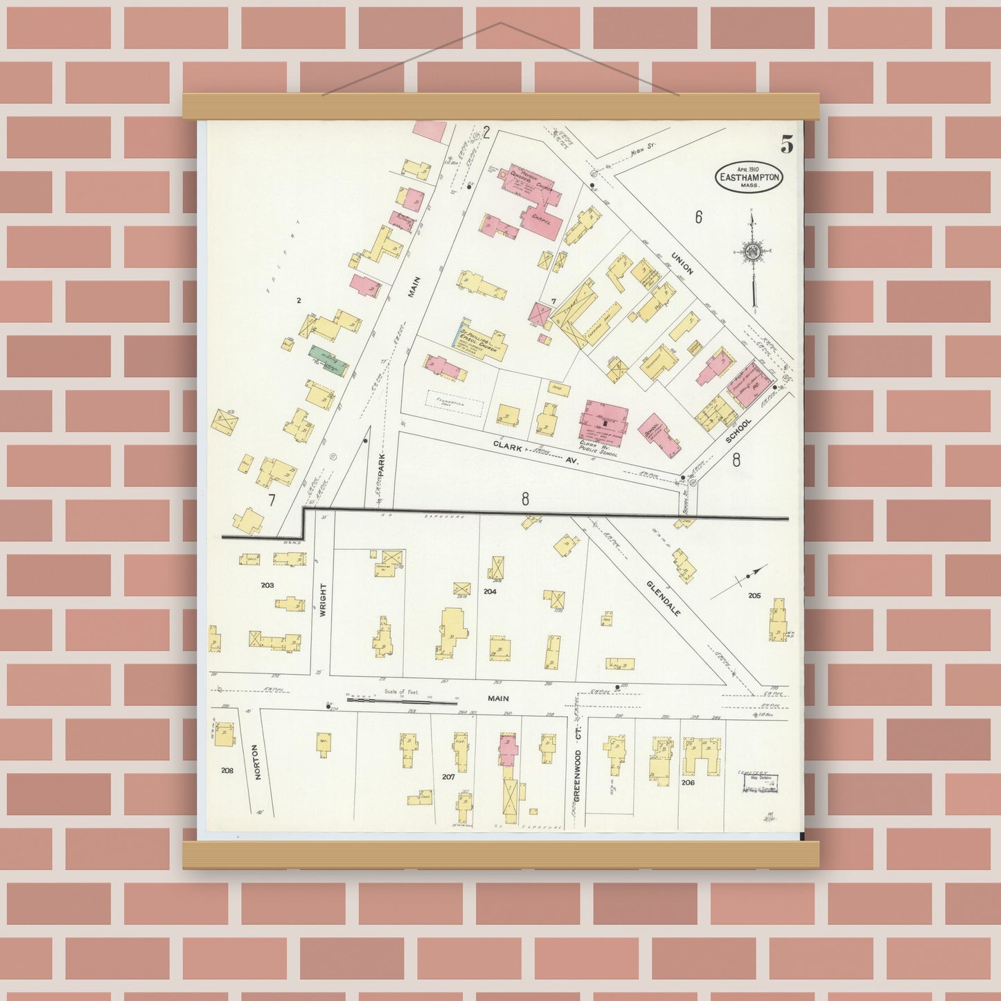 Old map wall art mockup — magnetic wood frame on brick wall — Sanborn Fire Insurance Map from East Hampton, Hampshire County, Massachusetts (1910), Sheet #0005
