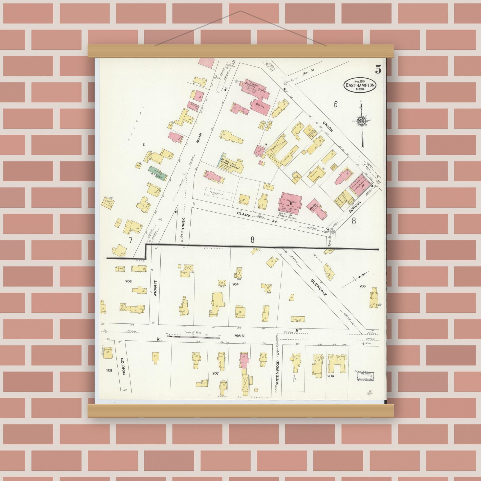 Old map wall art mockup — magnetic wood frame on brick wall — Sanborn Fire Insurance Map from East Hampton, Hampshire County, Massachusetts (1910), Sheet #0005