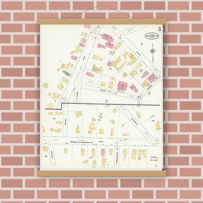 Old map wall art mockup — magnetic wood frame on brick wall — Sanborn Fire Insurance Map from East Hampton, Hampshire County, Massachusetts (1910), Sheet #0005