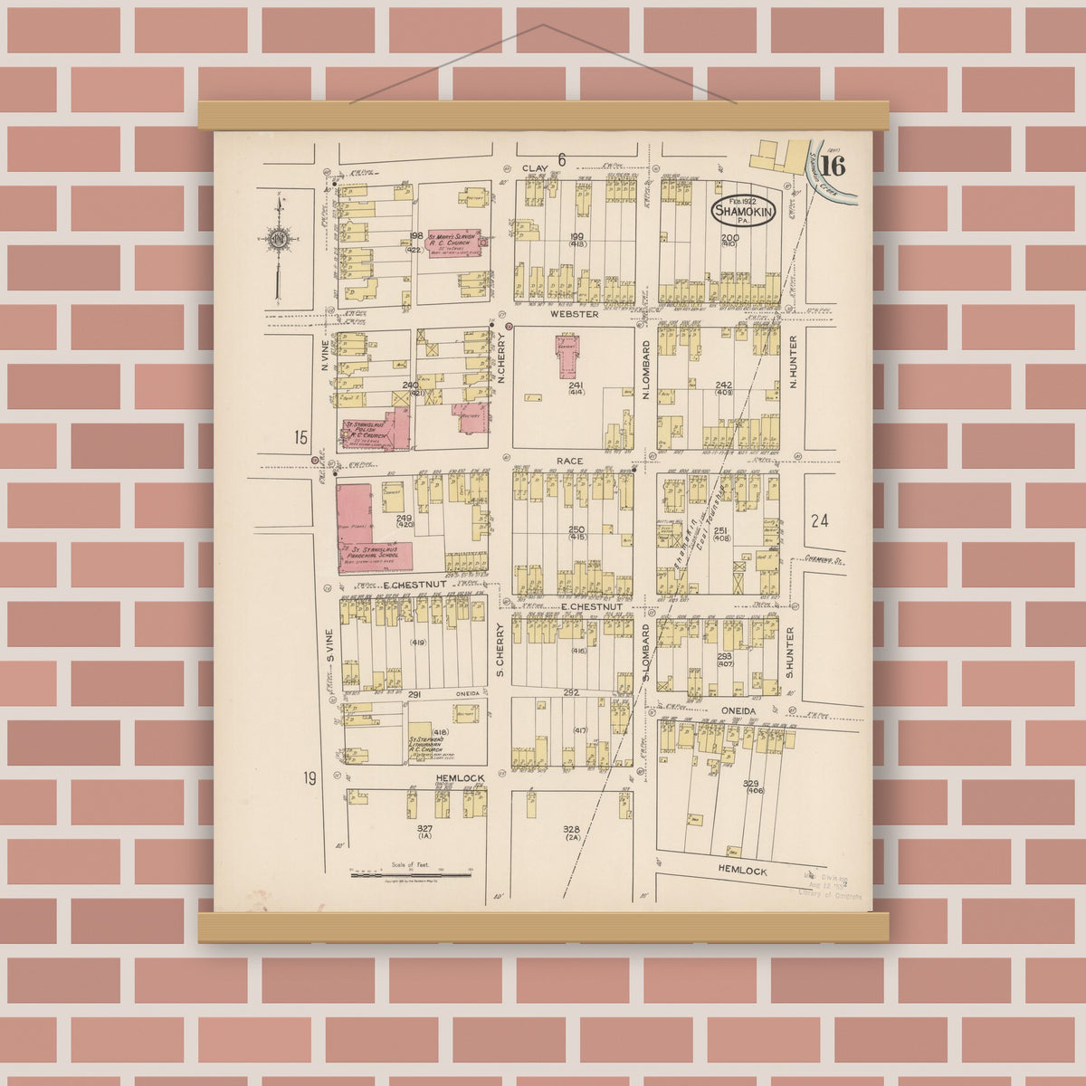 Old map wall art mockup — magnetic wood frame on brick wall — Sanborn Fire Insurance Map from Shamokin, Northumberland County, Pennsylvania (1922), Sheet #0016