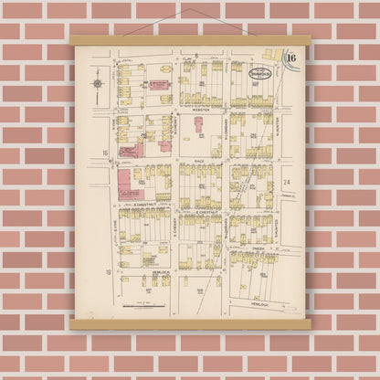 Old map wall art mockup — magnetic wood frame on brick wall — Sanborn Fire Insurance Map from Shamokin, Northumberland County, Pennsylvania (1922), Sheet #0016