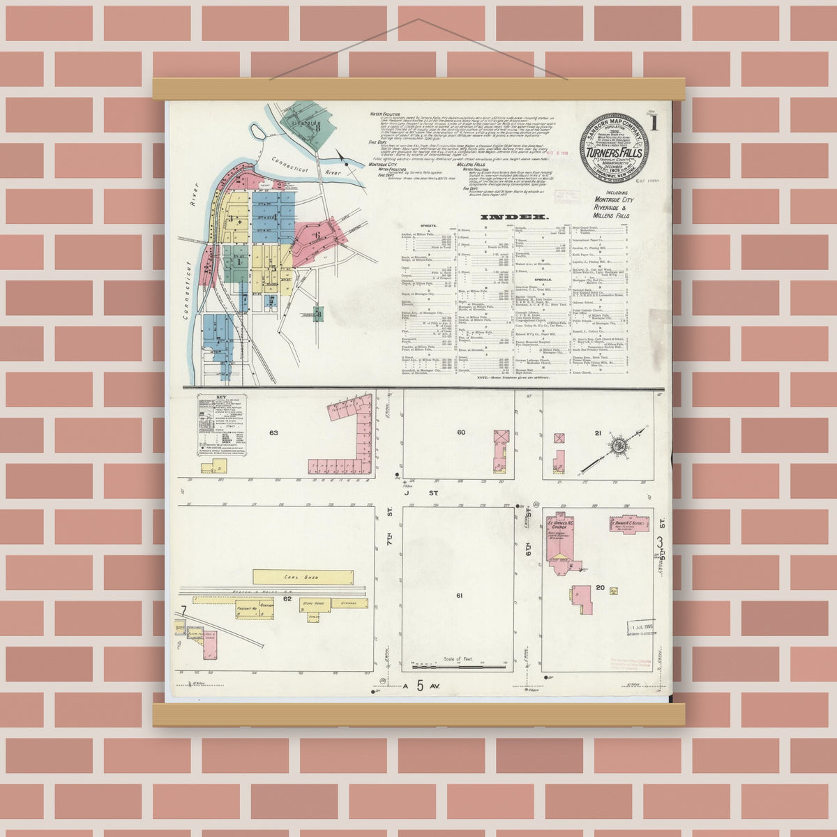 Old map wall art mockup — magnetic wood frame on brick wall — Sanborn Fire Insurance Map from Turners Falls, Franklin County, Massachusetts (1909) - Complete Map Set