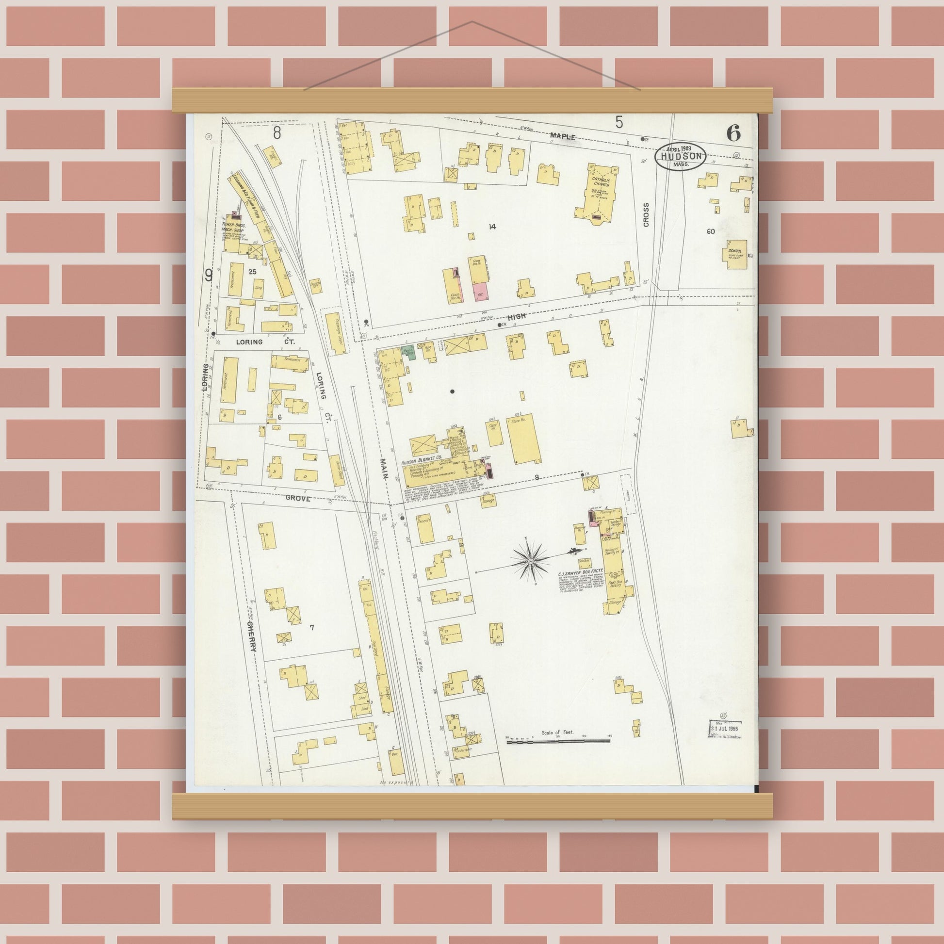 Old map wall art mockup — magnetic wood frame on brick wall — Sanborn Fire Insurance Map from Hudson, Middlesex County, Massachusetts (1903), Sheet #0006