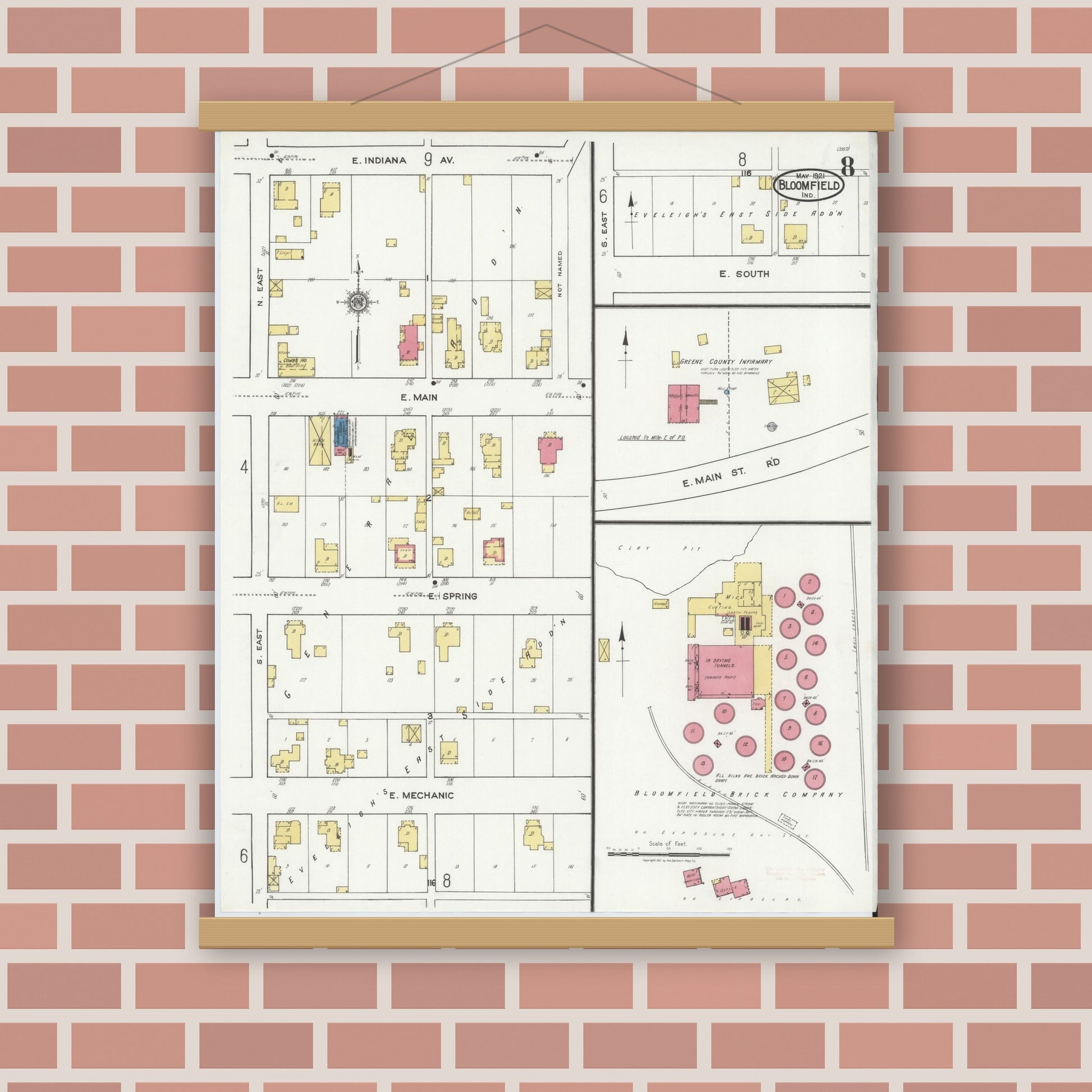 Old map wall art mockup — magnetic wood frame on brick wall — Sanborn Fire Insurance Map from Bloomfield, Greene County, Indiana (1921), Sheet #0008
