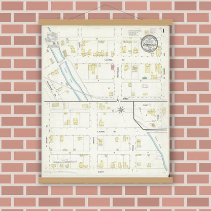 Old map wall art mockup — magnetic wood frame on brick wall — Sanborn Fire Insurance Map from Damascus, Washington County, Virginia (1908), Sheet #0001