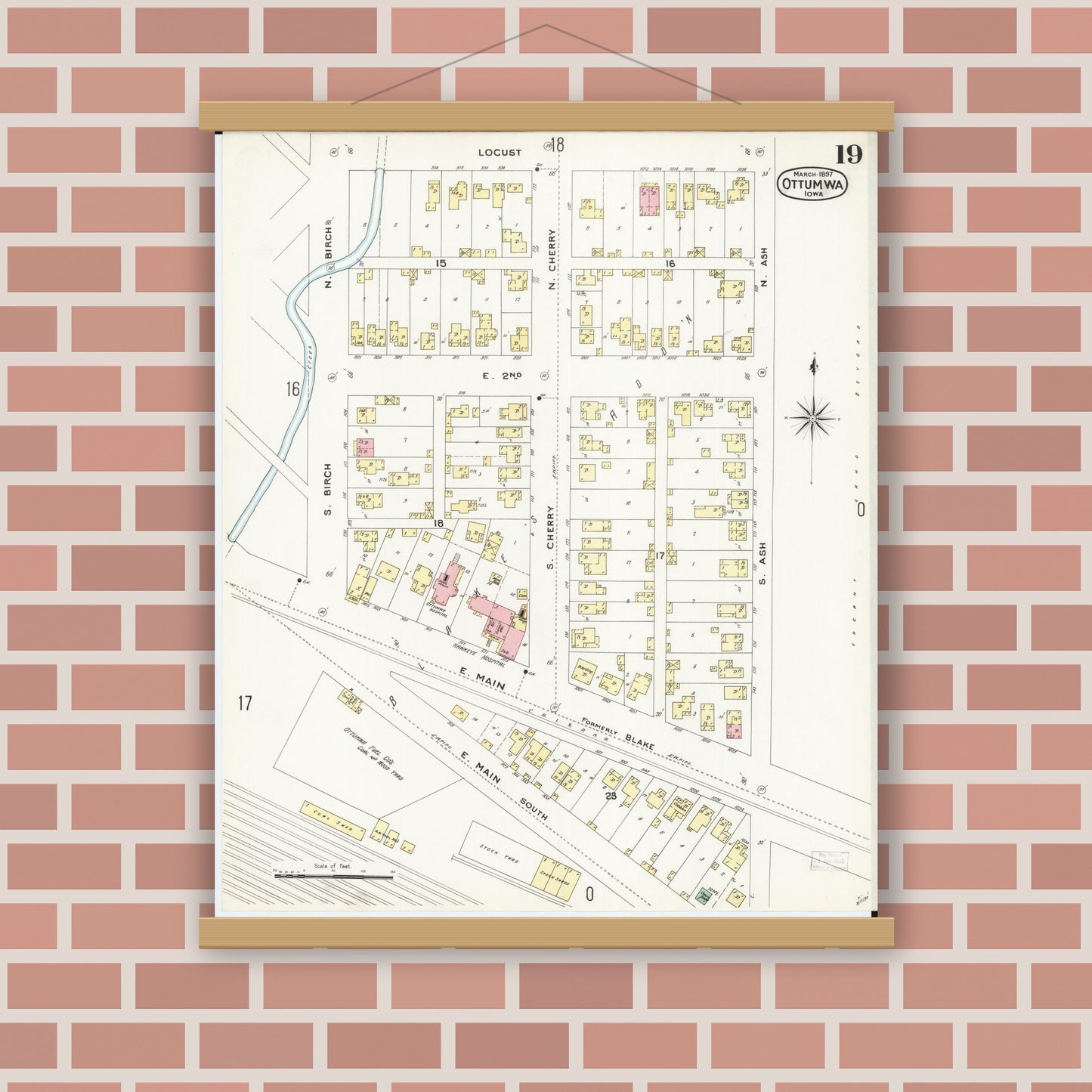 Old map wall art mockup — magnetic wood frame on brick wall — Sanborn Fire Insurance Map from Ottumwa, Wapello County, Iowa (1897), Sheet #0019