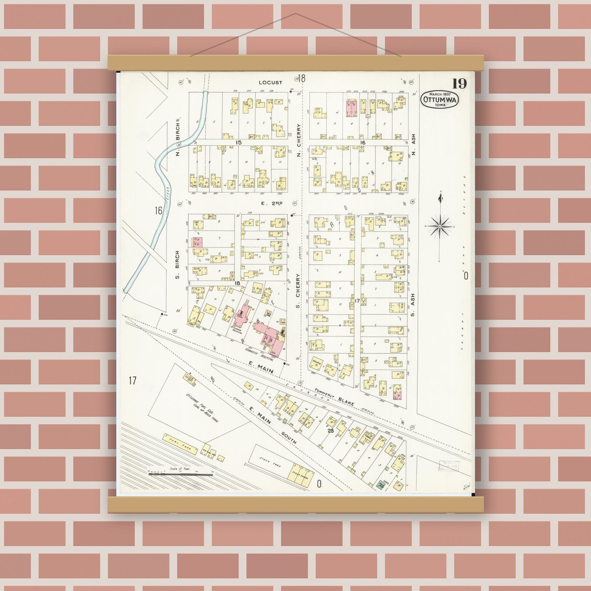 Old map wall art mockup — magnetic wood frame on brick wall — Sanborn Fire Insurance Map from Ottumwa, Wapello County, Iowa (1897), Sheet #0019