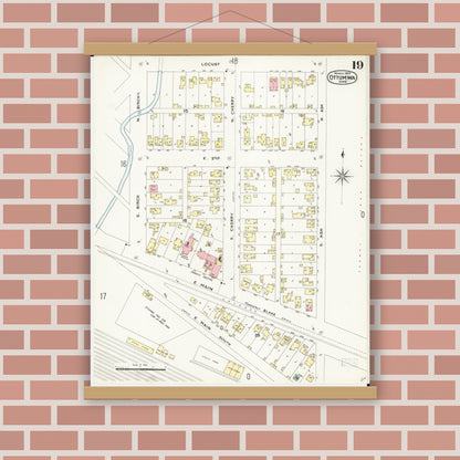 Old map wall art mockup — magnetic wood frame on brick wall — Sanborn Fire Insurance Map from Ottumwa, Wapello County, Iowa (1897), Sheet #0019