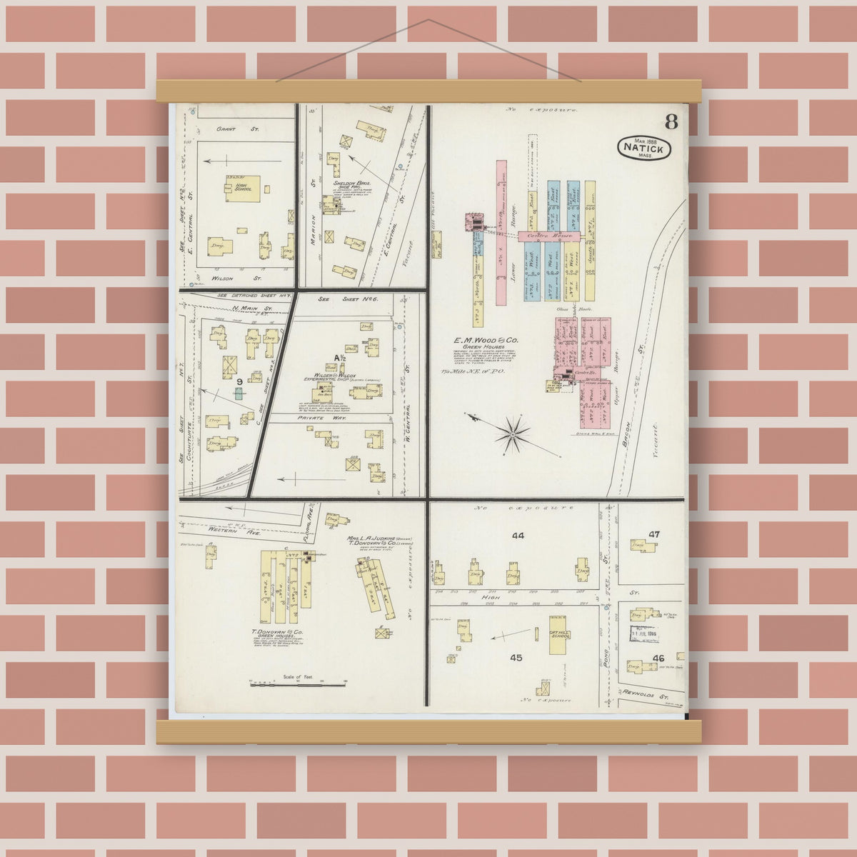 Old map wall art mockup — magnetic wood frame on brick wall — Sanborn Fire Insurance Map from Natick, Middlesex County, Massachusetts (1888), Sheet #0008
