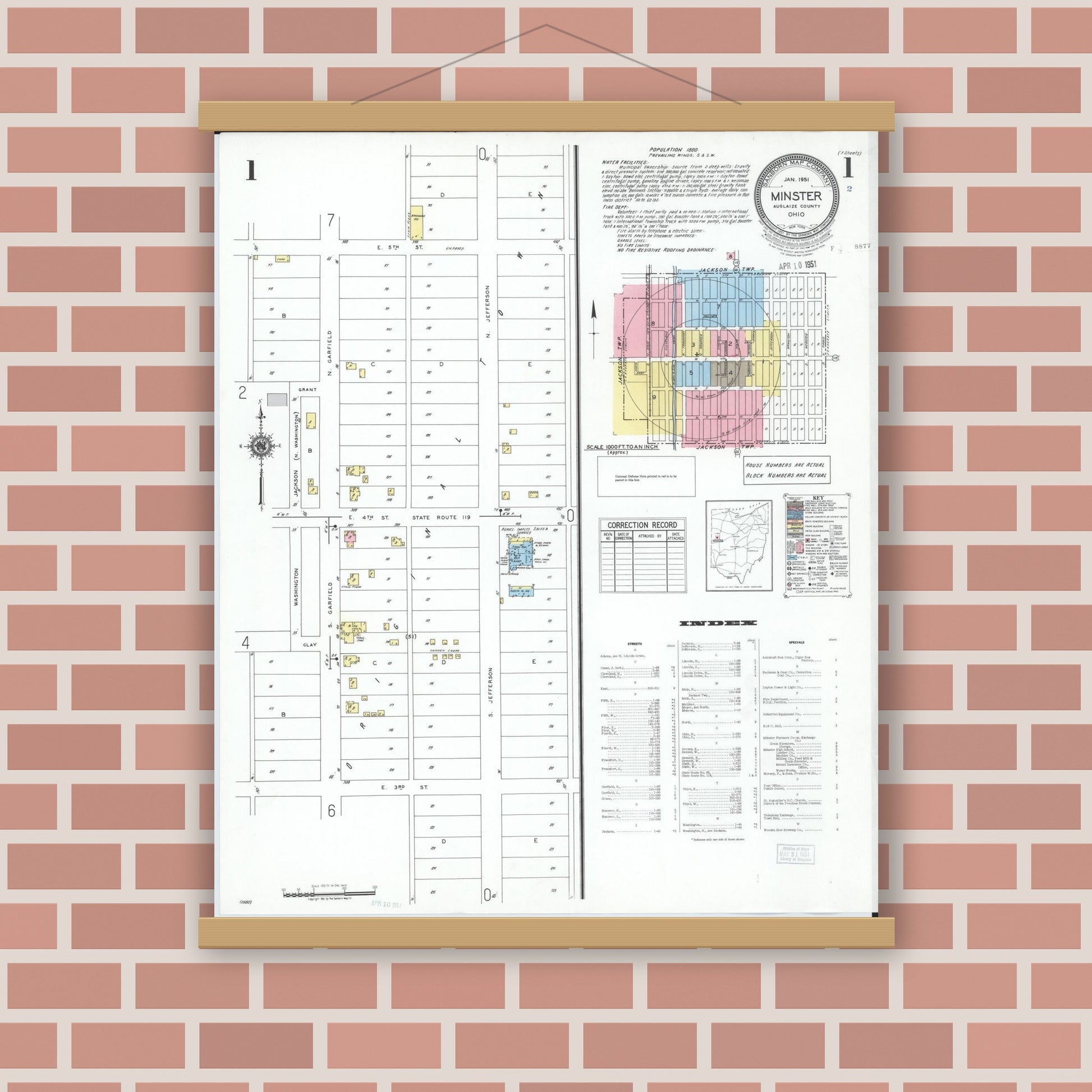 Old map wall art mockup — magnetic wood frame on brick wall — Sanborn Fire Insurance Map from Minster, Auglaize County, Ohio (1951), Sheet #0001
