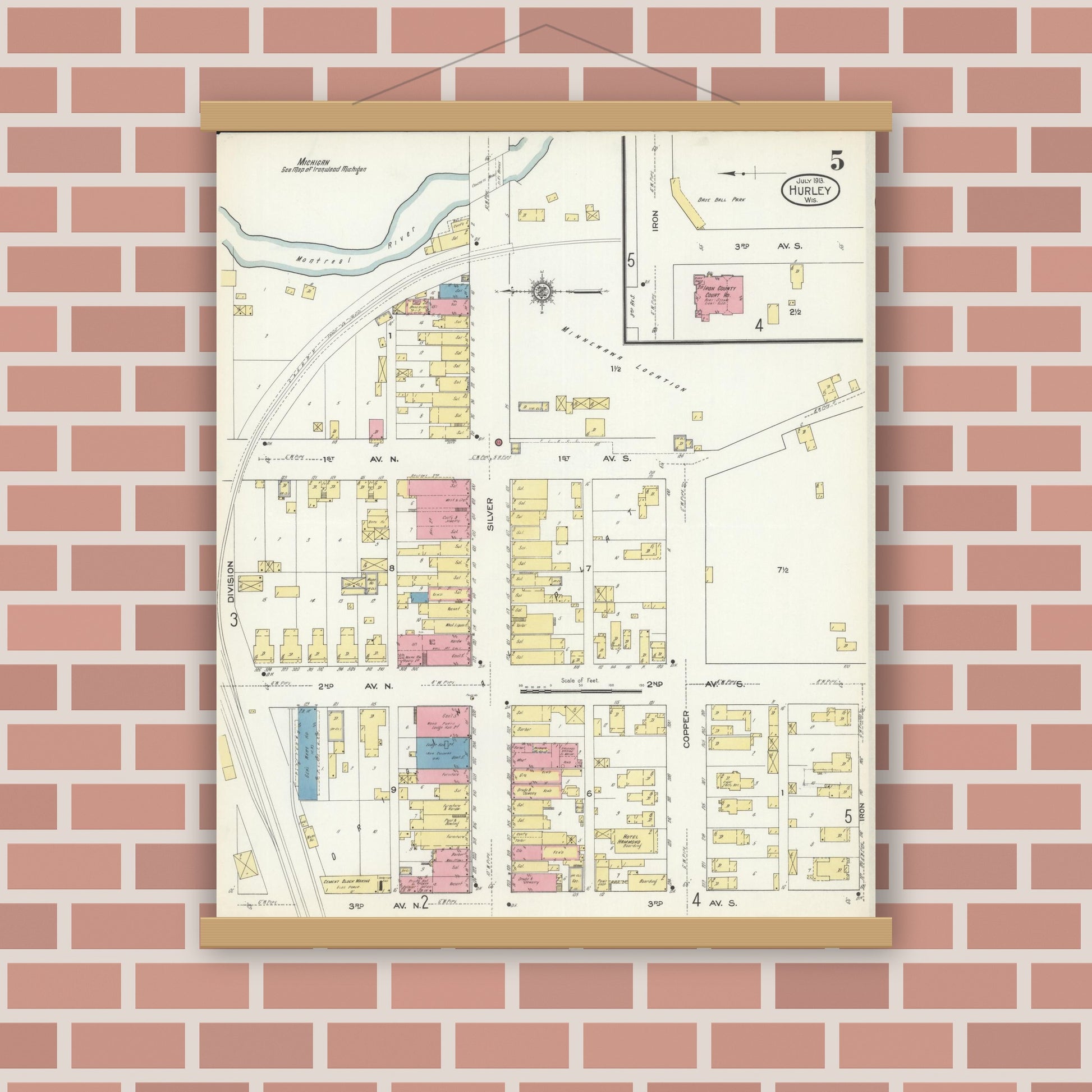 Old map wall art mockup — magnetic wood frame on brick wall — Sanborn Fire Insurance Map from Hurley, Iron County, Wisconsin (1913), Sheet #0005