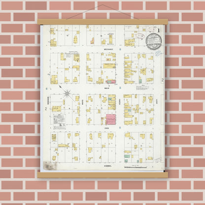 Old map wall art mockup — magnetic wood frame on brick wall — Sanborn Fire Insurance Map from Berrien Springs, Berrien, Michigan (1899), Sheet #0001