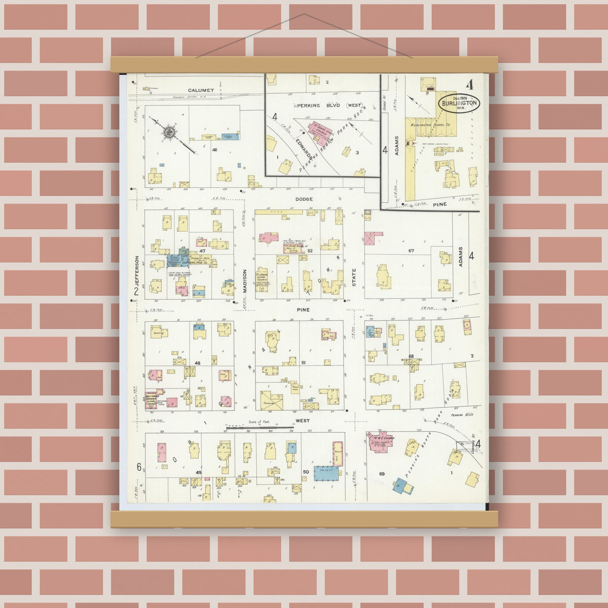 Old map wall art mockup — magnetic wood frame on brick wall — Sanborn Fire Insurance Map from Burlington, Racine County, Wisconsin (1909), Sheet #0004