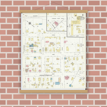 Old map wall art mockup — magnetic wood frame on brick wall — Sanborn Fire Insurance Map from Burlington, Racine County, Wisconsin (1909), Sheet #0004