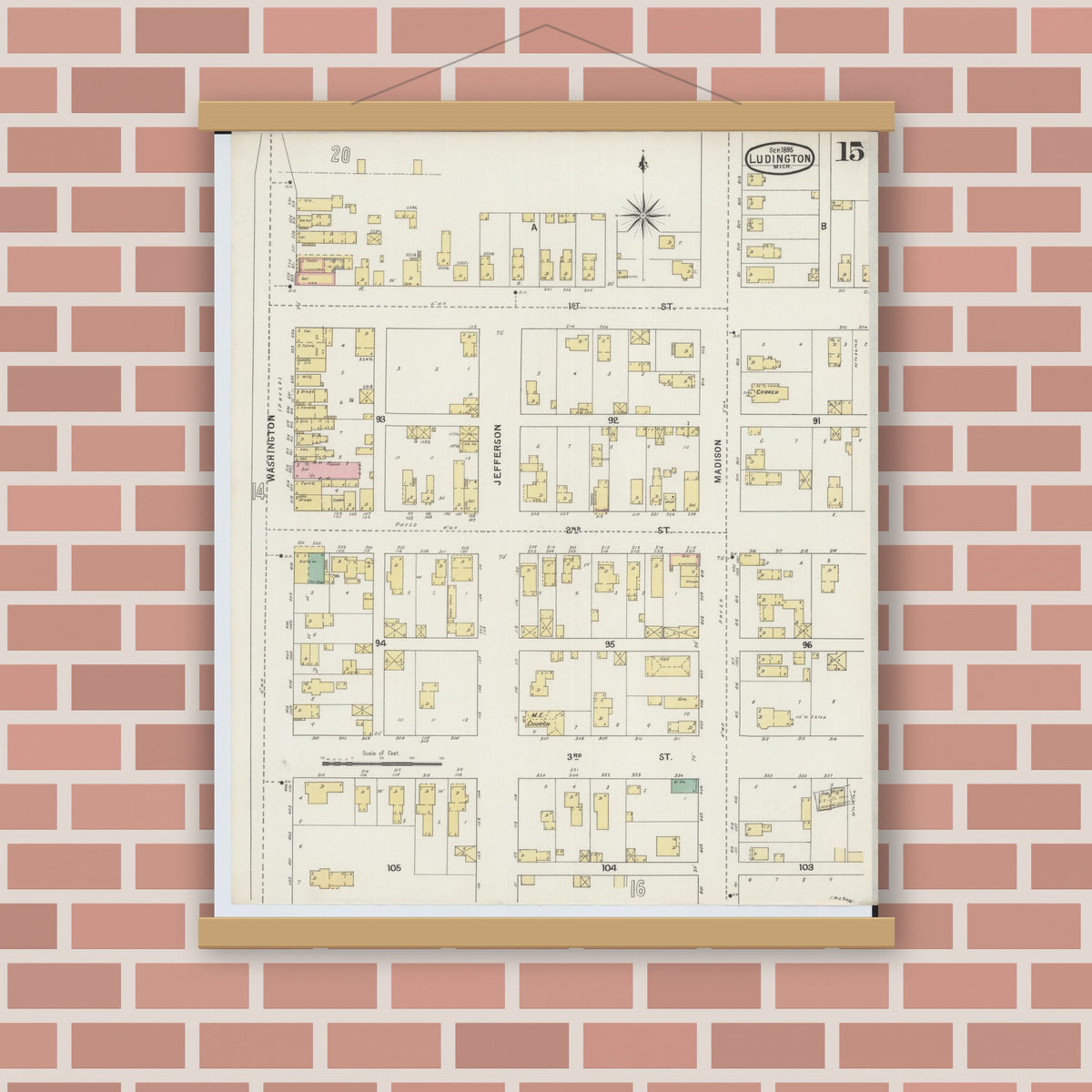 Old map wall art mockup — magnetic wood frame on brick wall — Sanborn Fire Insurance Map from Ludington, Mason County, Michigan (1895), Sheet #0015