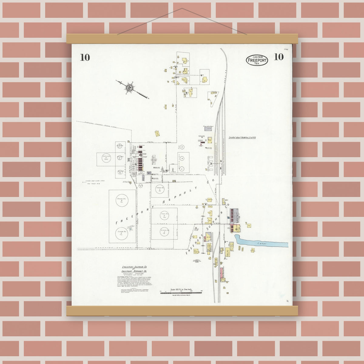 Old map wall art mockup — magnetic wood frame on brick wall — Sanborn Fire Insurance Map from Freeport, Brazoria County, Texas (1926), Sheet #0010