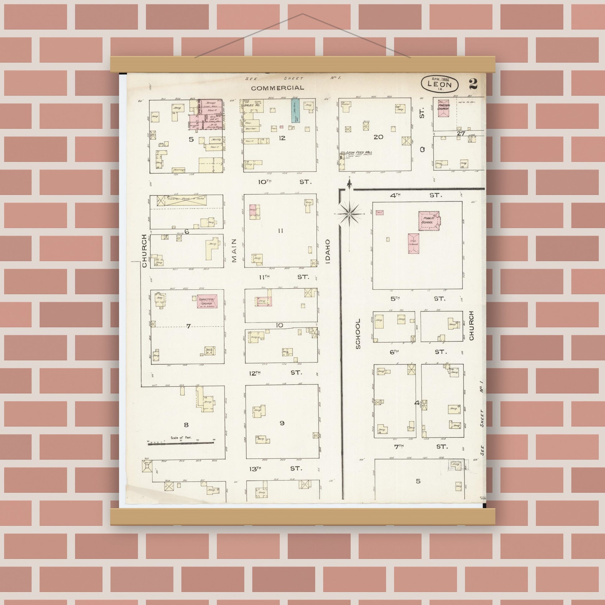Old map wall art mockup — magnetic wood frame on brick wall — Sanborn Fire Insurance Map from Leon, Decatur County, Iowa (1886), Sheet #0002