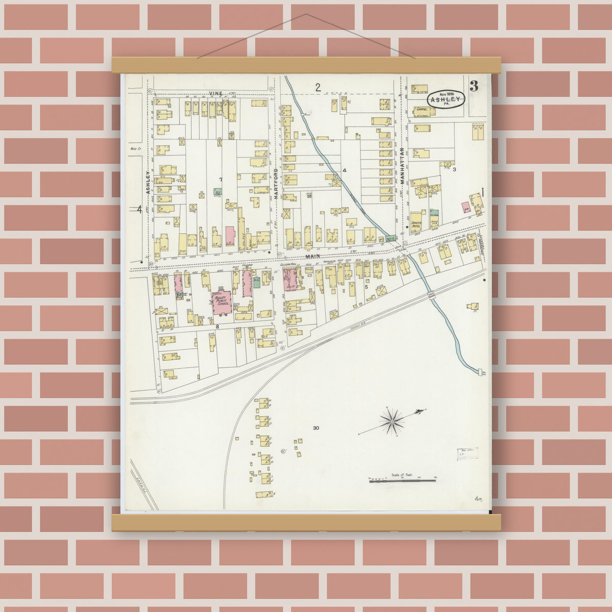 Old map wall art mockup — magnetic wood frame on brick wall — Sanborn Fire Insurance Map from Ashley, Luzerne County, Pennsylvania (1896), Sheet #0003