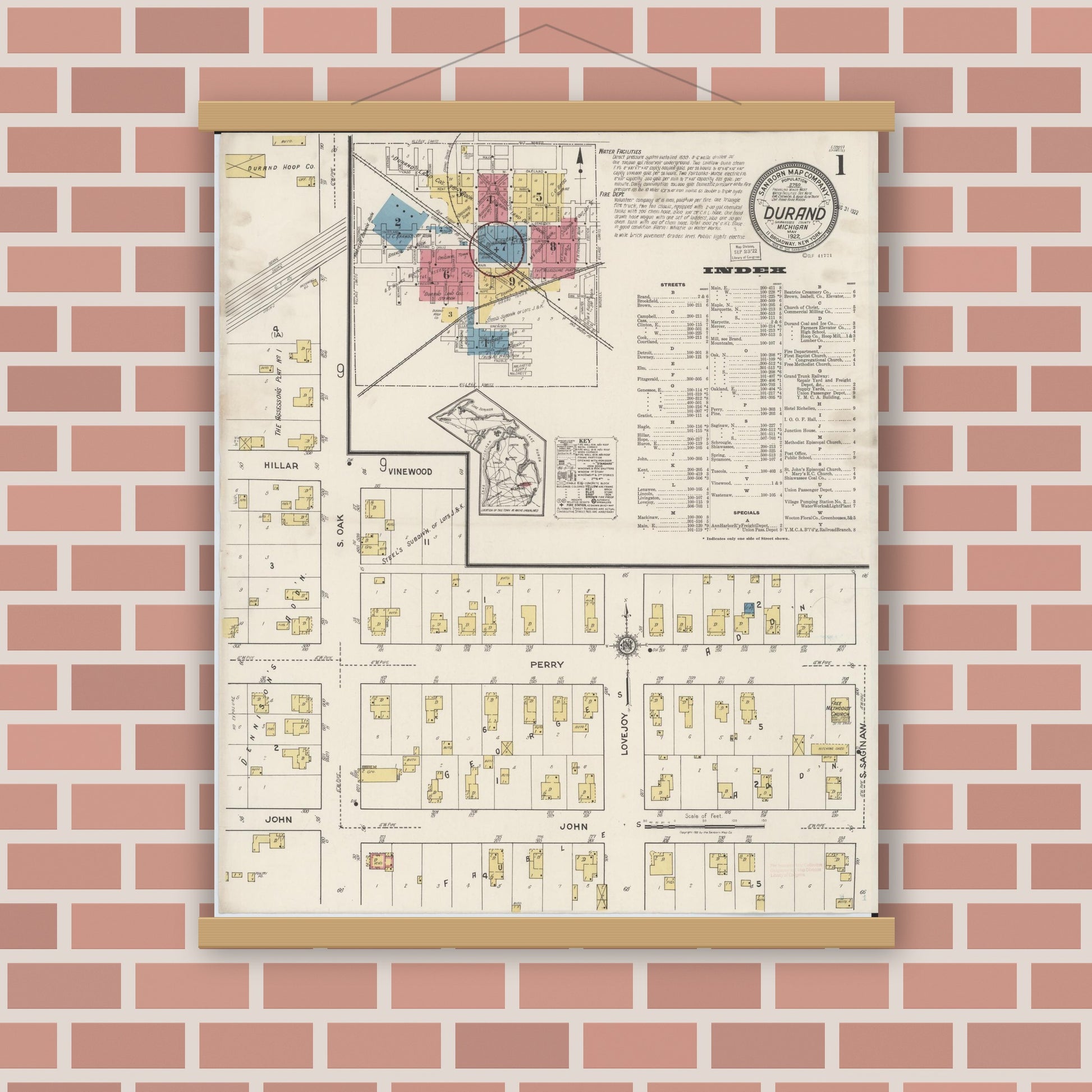 Old map wall art mockup — magnetic wood frame on brick wall — Sanborn Fire Insurance Map from Durand, Shiawassee County, Michigan (1922) - Complete Map Set