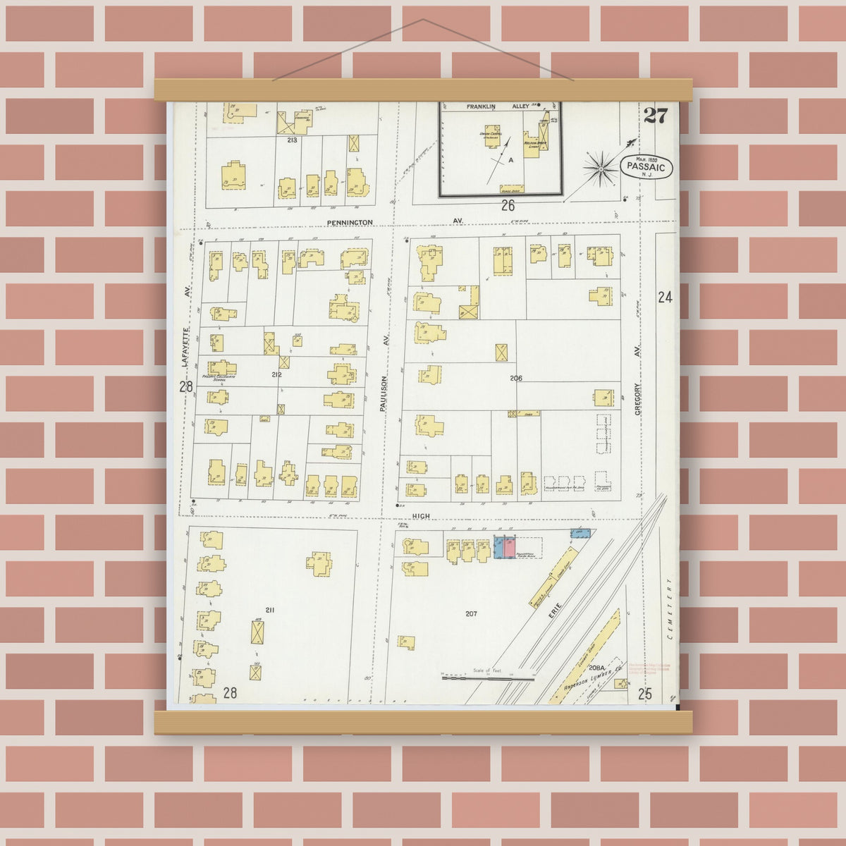 Old map wall art mockup — magnetic wood frame on brick wall — Sanborn Fire Insurance Map from Passaic, Passaic County, New Jersey (1899), Sheet #0027