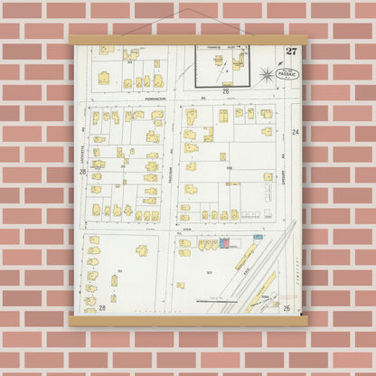 Old map wall art mockup — magnetic wood frame on brick wall — Sanborn Fire Insurance Map from Passaic, Passaic County, New Jersey (1899), Sheet #0027