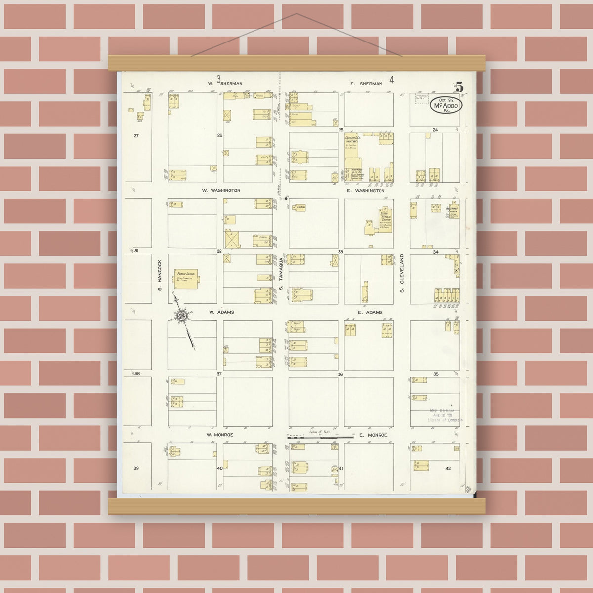 Old map wall art mockup — magnetic wood frame on brick wall — Sanborn Fire Insurance Map from McAdoo, Schuylkill County, Pennsylvania (1912), Sheet #0005