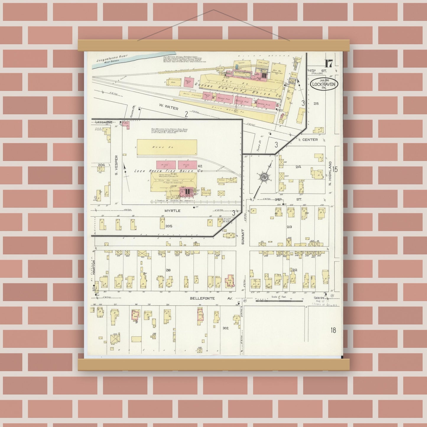 Old map wall art mockup — magnetic wood frame on brick wall — Sanborn Fire Insurance Map from Lock Haven, Clinton County, Pennsylvania (1914), Sheet #0017