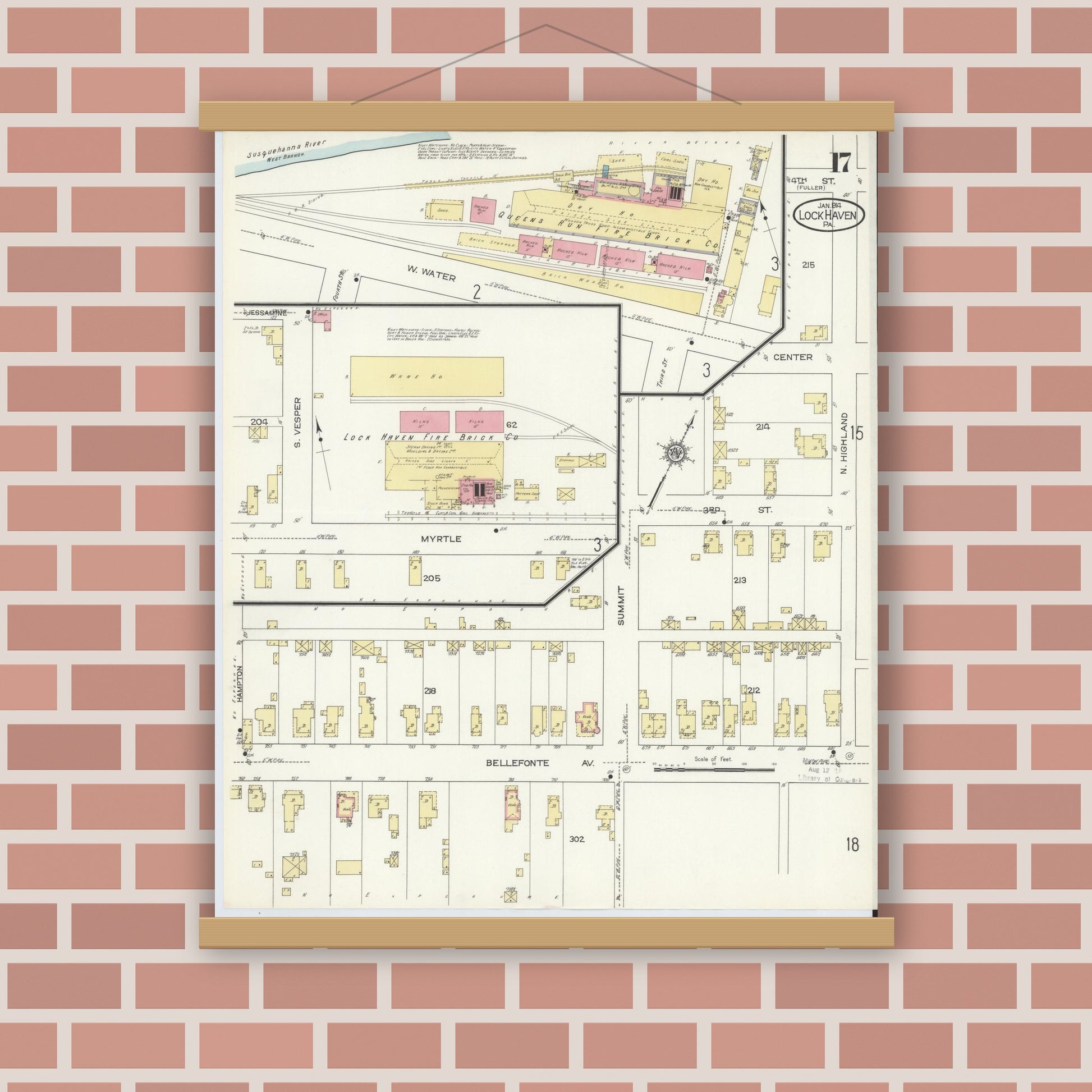 Old map wall art mockup — magnetic wood frame on brick wall — Sanborn Fire Insurance Map from Lock Haven, Clinton County, Pennsylvania (1914), Sheet #0017