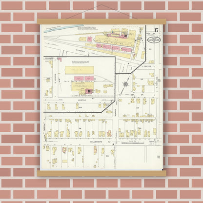 Old map wall art mockup — magnetic wood frame on brick wall — Sanborn Fire Insurance Map from Lock Haven, Clinton County, Pennsylvania (1914), Sheet #0017