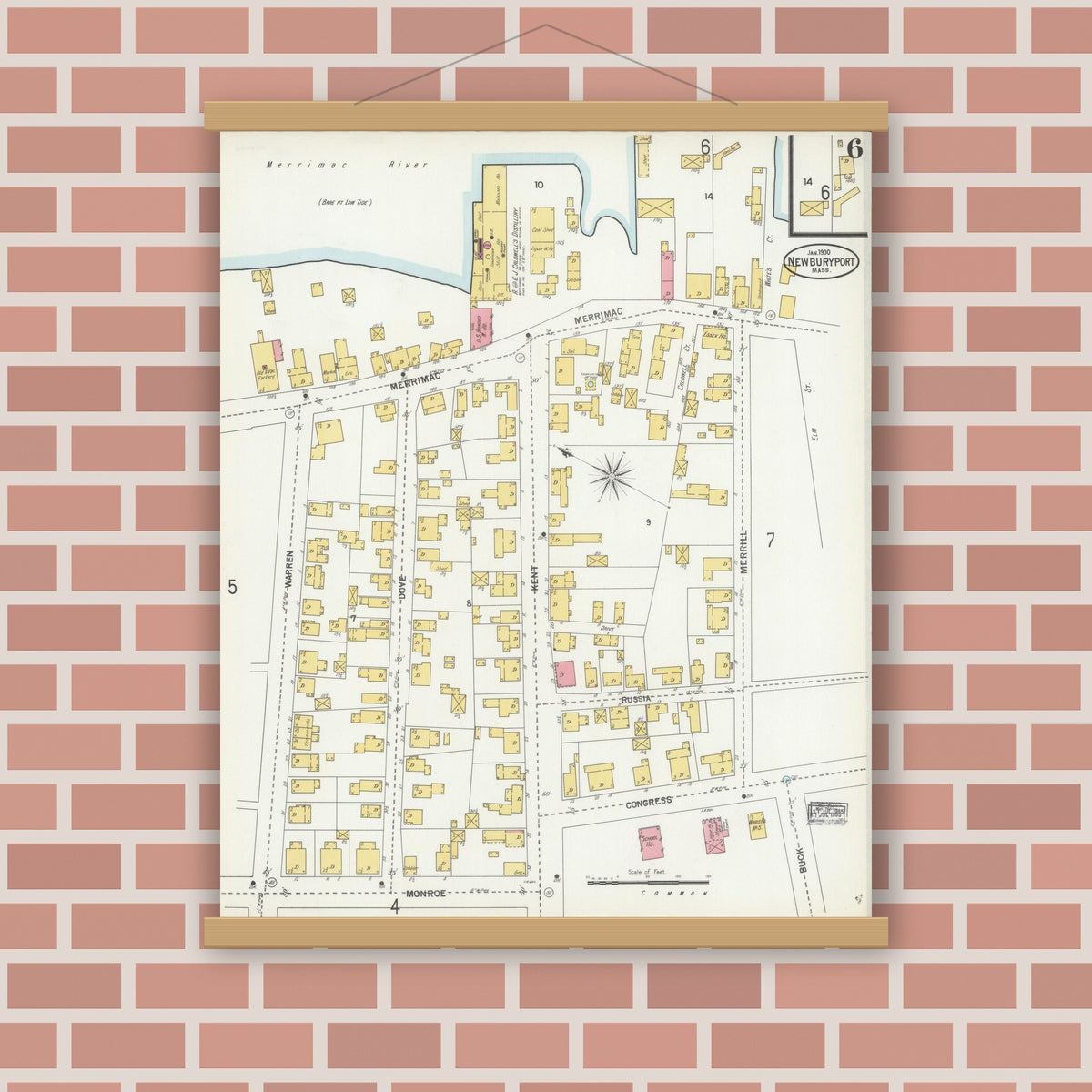 Old map wall art mockup — magnetic wood frame on brick wall — Sanborn Fire Insurance Map from Newburyport, Essex County, Massachusetts (1900), Sheet #0006