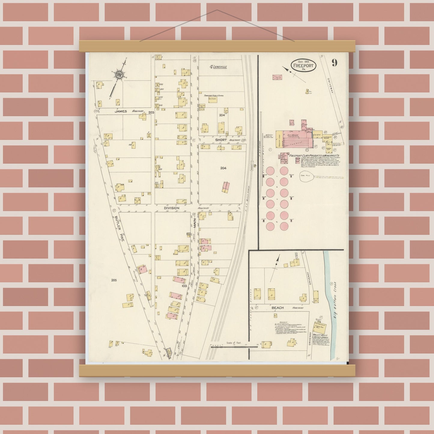 Old map wall art mockup — magnetic wood frame on brick wall — Sanborn Fire Insurance Map from Freeport, Armstrong County, Pennsylvania (1913), Sheet #0009