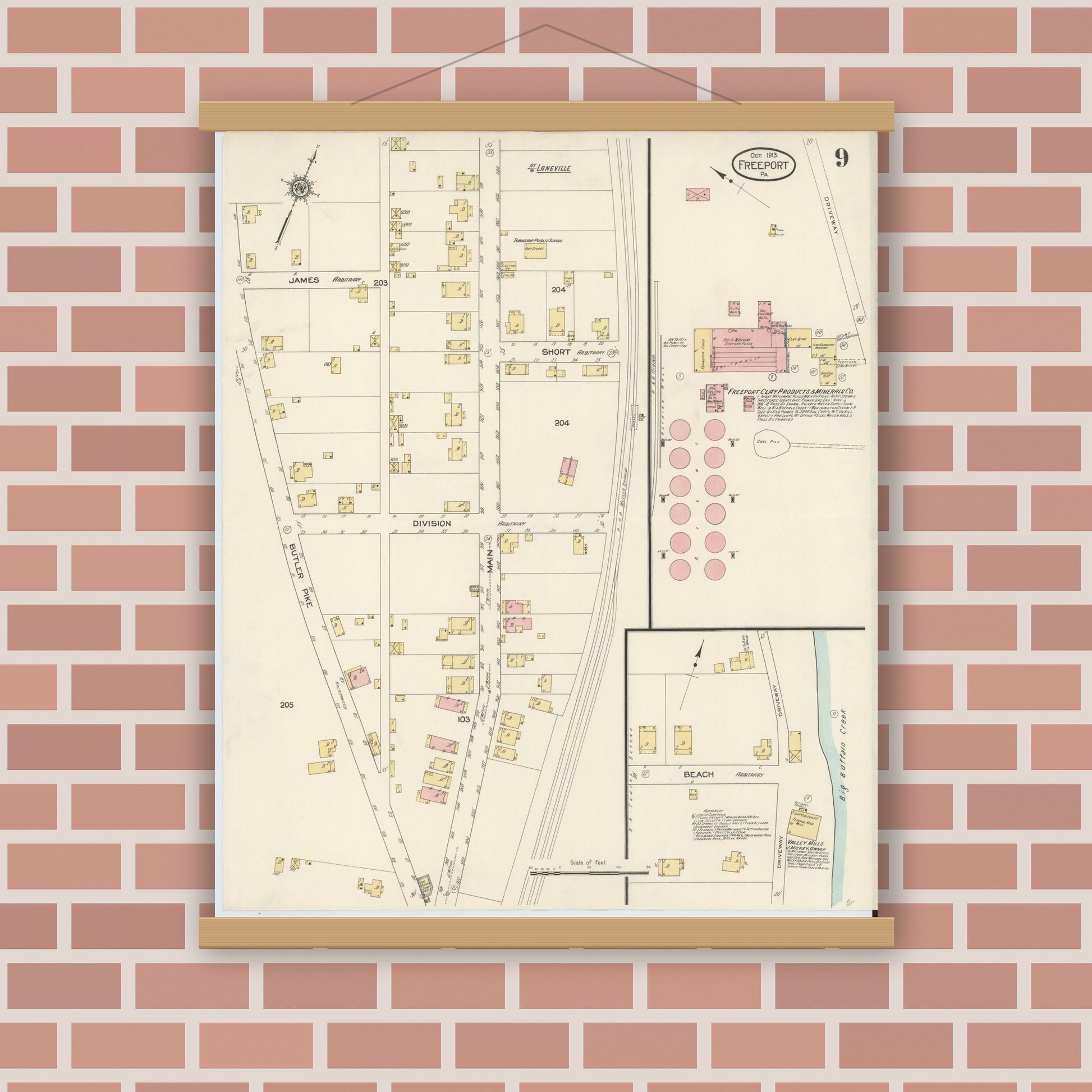 Old map wall art mockup — magnetic wood frame on brick wall — Sanborn Fire Insurance Map from Freeport, Armstrong County, Pennsylvania (1913), Sheet #0009