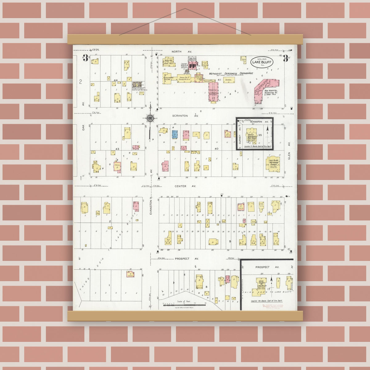 Old map wall art mockup — magnetic wood frame on brick wall — Sanborn Fire Insurance Map from Lake Bluff, Lake County, Illinois (1928), Sheet #0003