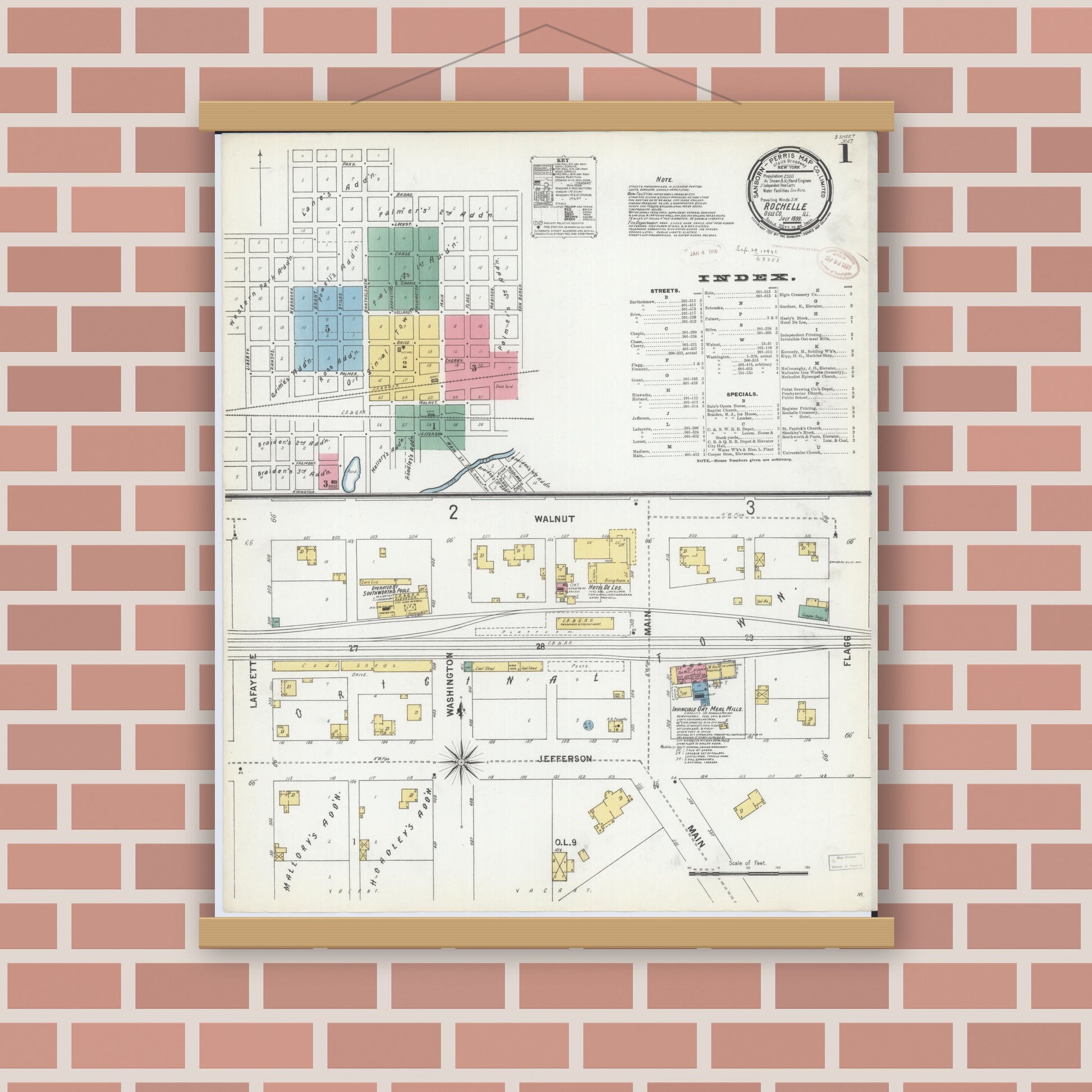 Old map wall art mockup — magnetic wood frame on brick wall — Sanborn Fire Insurance Map from Rochelle, Ogle County, Illinois (1899), Sheet #0001