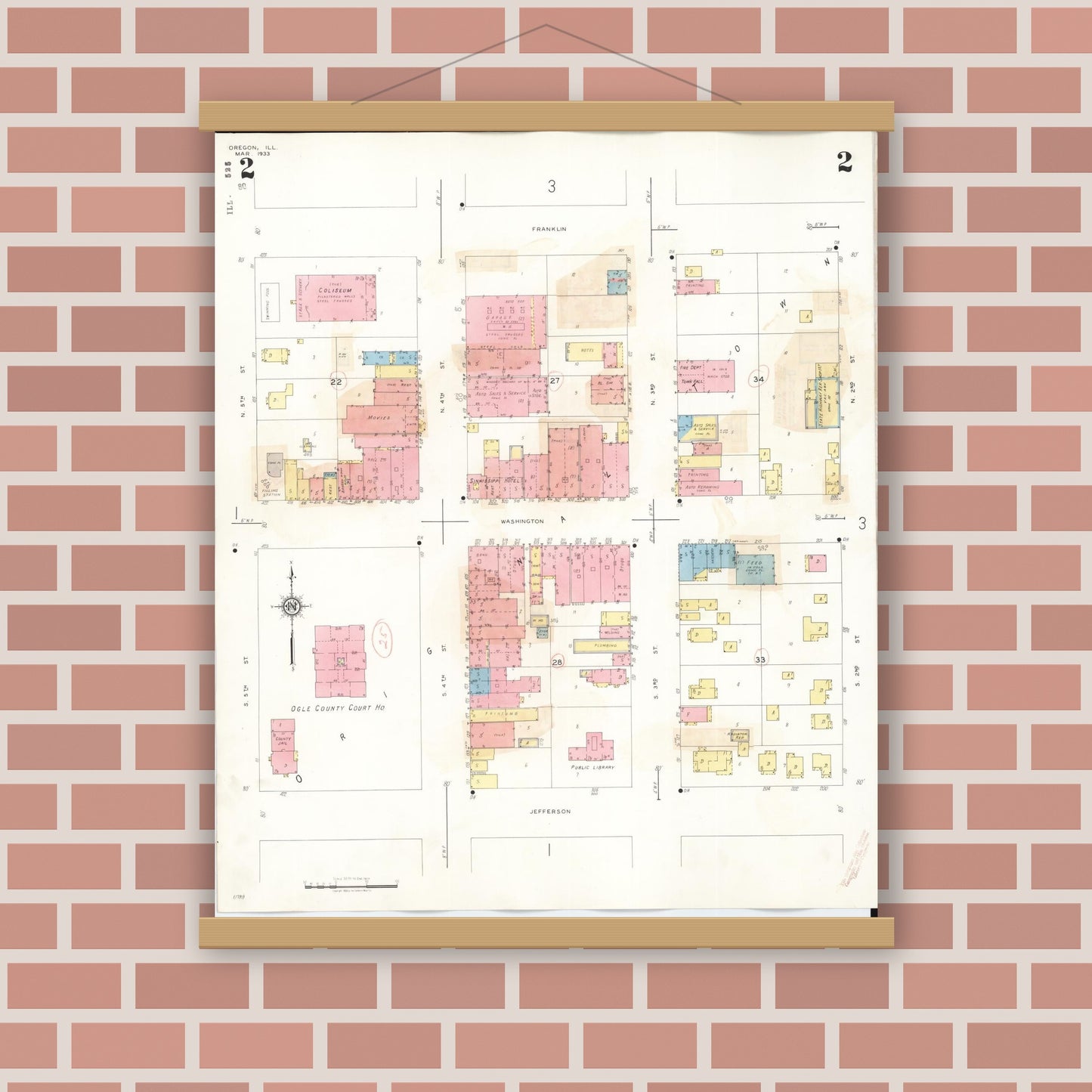 Old map wall art mockup — magnetic wood frame on brick wall — Sanborn Fire Insurance Map from Oregon, Ogle County, Illinois (1943), Sheet #0002
