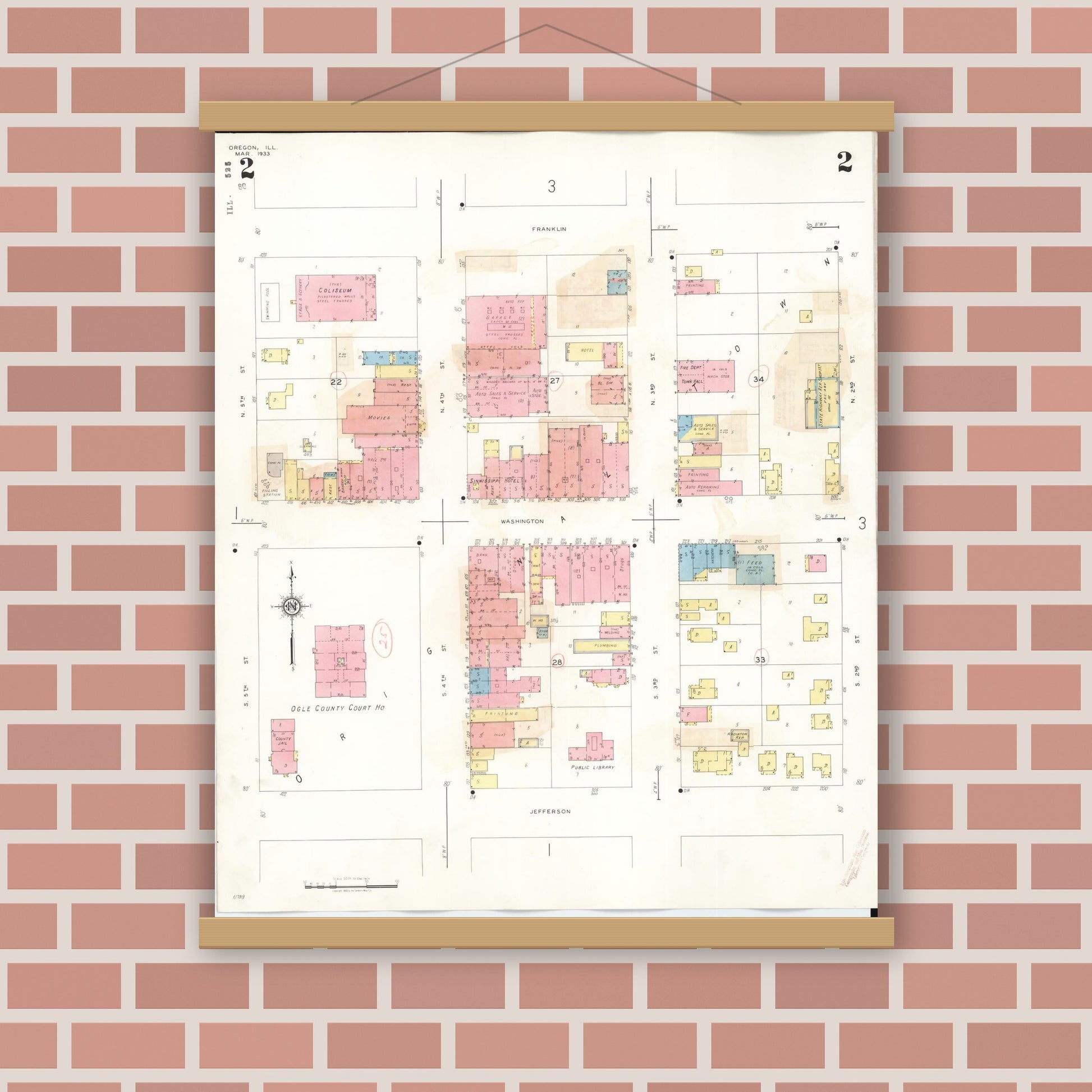 Old map wall art mockup — magnetic wood frame on brick wall — Sanborn Fire Insurance Map from Oregon, Ogle County, Illinois (1943), Sheet #0002