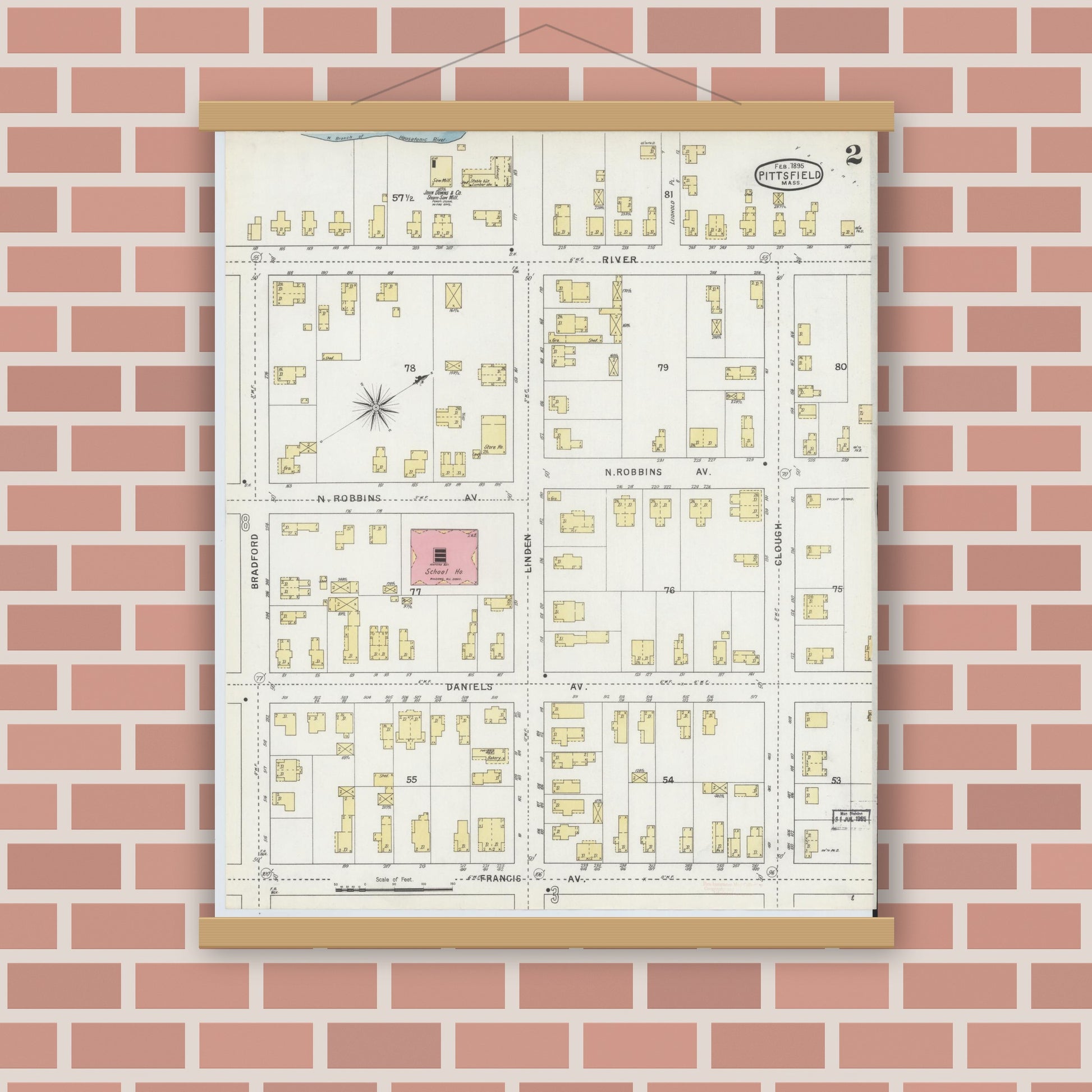 Old map wall art mockup — magnetic wood frame on brick wall — Sanborn Fire Insurance Map from Pittsfield, Berkshire County, Massachusetts (1895), Sheet #0002