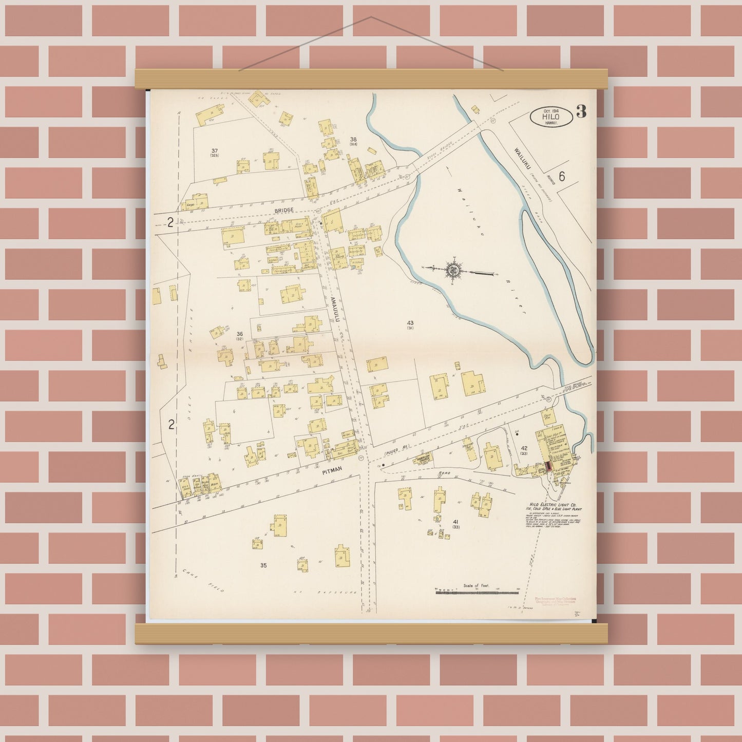 Old map wall art mockup — magnetic wood frame on brick wall — Sanborn Fire Insurance Map from Hilo, Hawaii County, Hawaii (1914), Sheet #0003