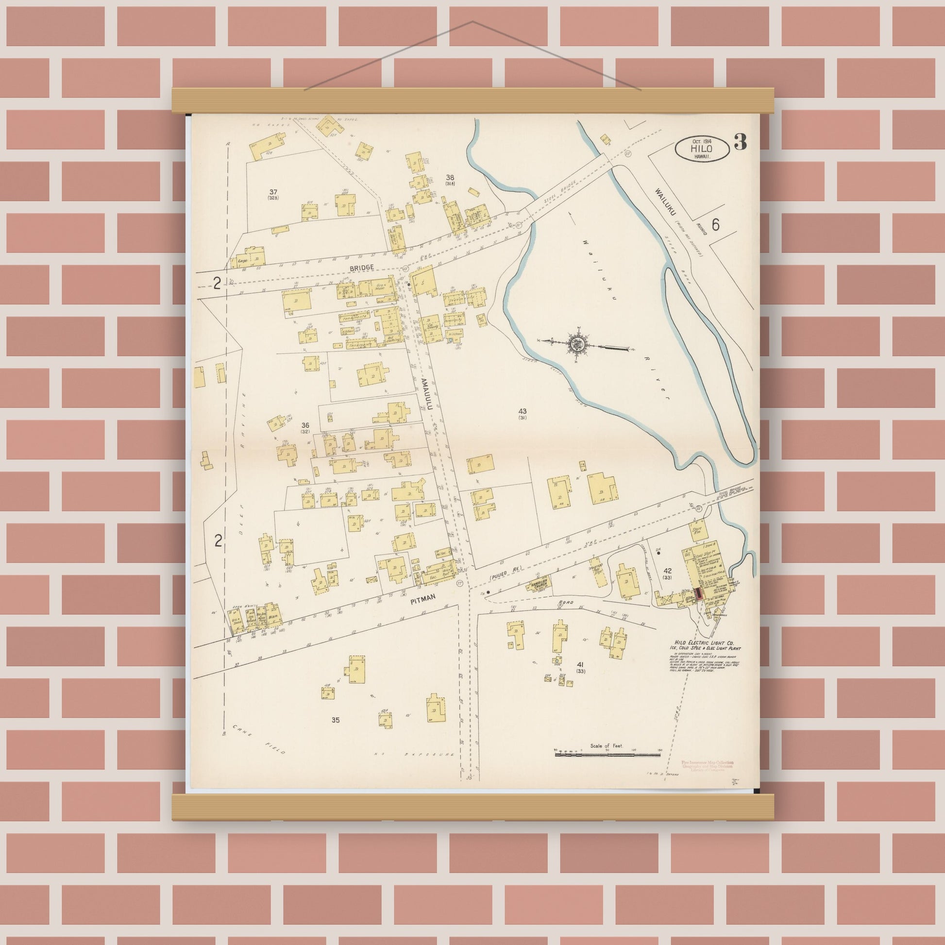 Old map wall art mockup — magnetic wood frame on brick wall — Sanborn Fire Insurance Map from Hilo, Hawaii County, Hawaii (1914), Sheet #0003