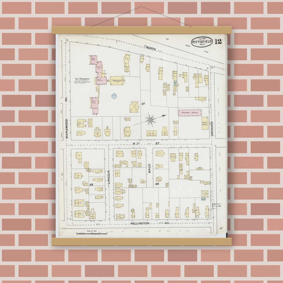 Old map wall art mockup — magnetic wood frame on brick wall — Sanborn Fire Insurance Map from Pittsfield, Berkshire County, Massachusetts (1889), Sheet #0012