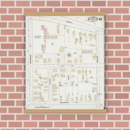 Old map wall art mockup — magnetic wood frame on brick wall — Sanborn Fire Insurance Map from Pittsfield, Berkshire County, Massachusetts (1889), Sheet #0012