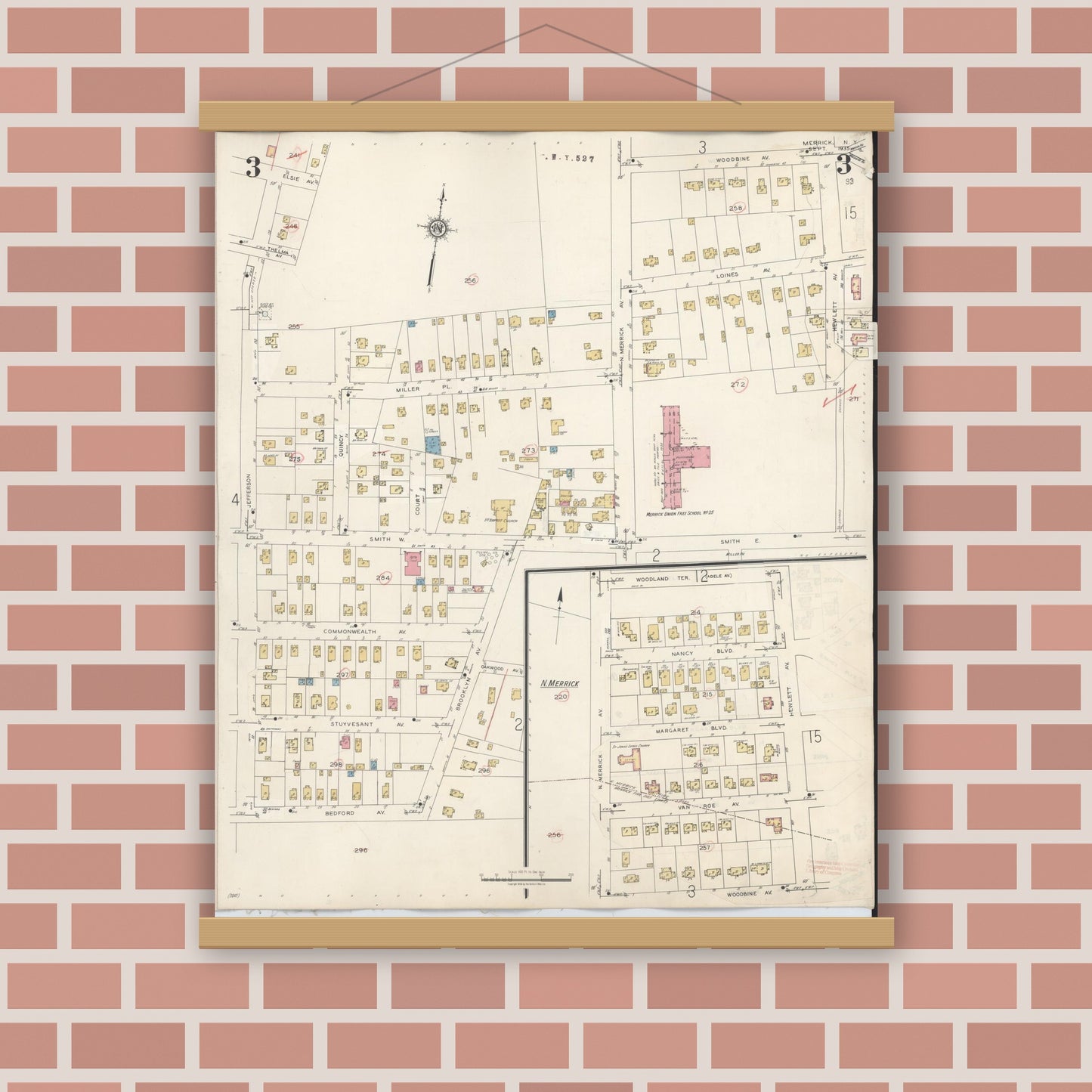 Old map wall art mockup — magnetic wood frame on brick wall — Sanborn Fire Insurance Map from Merrick, Nassau County, New York (1947), Sheet #0003